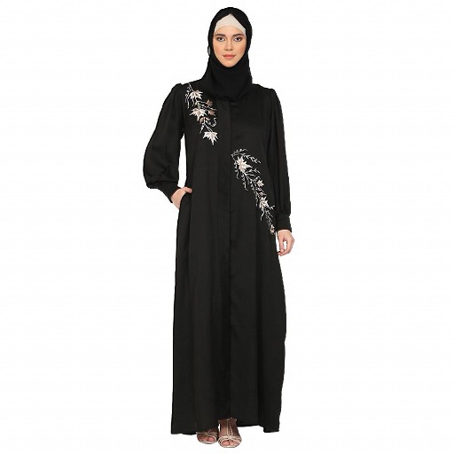 Front Open cuff sleeves  Embroidery Abaya - Black